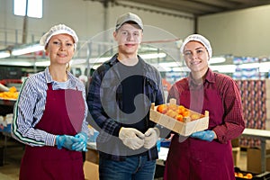 Fruit sorting factory workers hold boxes of fresh ripe tangerines in their hands.