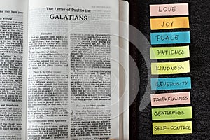 Fruit of the Spirit handwritten words with an open Bible Galatians Book
