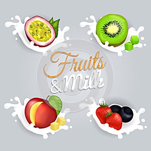 Fruit Splashing in Milk Colorful Vector Poster