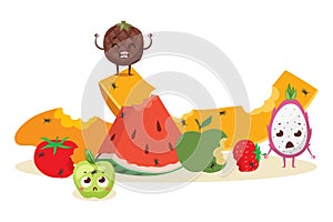 Fruit spoiled by insect, icon watermelon, melon, tomato, berry, dragon fruit, isolated on white, flat vector