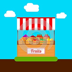 Fruit stall. Set of boxes with fruits and berries.