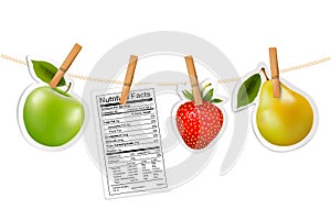 Fruit stickers and a nutrition label hanging on a rope.
