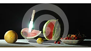 Fruit still life natural light with knife glare studio shooting