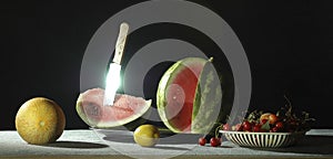 Fruit still life natural light with knife glare studio shooting.