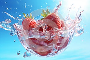 fruit strawberry red background freshness water splash food fresh blue healthy. Generative AI.