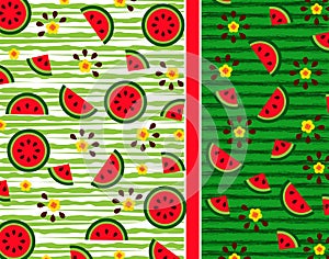Fruit stylish pattern of watermelons, its slices, seeds and flowers on an original background with a striped watermelon texture fo