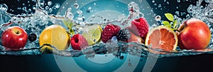 Fruit submerged in water splash, banner, generative AI