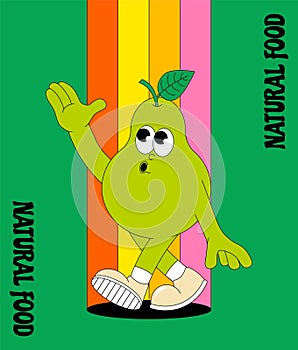 Fruit summer character Pear. Retro groovy poster. Trendy funky comic mascot. Vector illustration 60s, 70s style.
