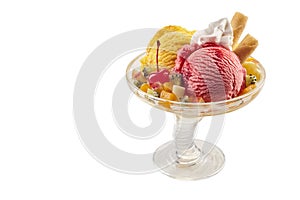 Fruit sundae on white background with copy space