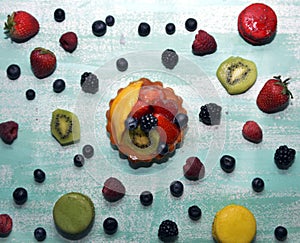 Fruit tart on blue board