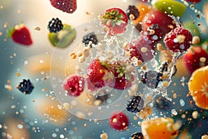 Fruit Taste Explosion, Advertising Product Concept, Scattering Flying Different Fruits, Berry Burst
