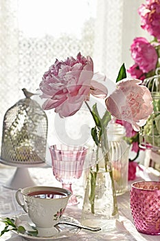 Fruit tea in beautiful porcelain cup and peony flowers