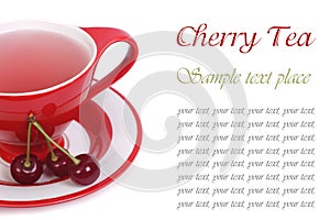 Fruit tea with cherry in a red cup isolated on white