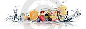 Fruit tea in a glass cup and arround fruits with a splash of water against a white background. Generative AI
