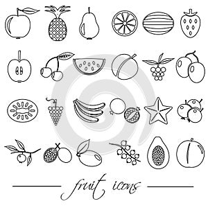 Fruit theme black simple outline icons set eps10