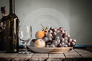 Fruit tray and a bottle