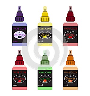 Fruit vape e-liquid. Orange, lemon, blackberry, cherry, strawberry, watermelon liquid.