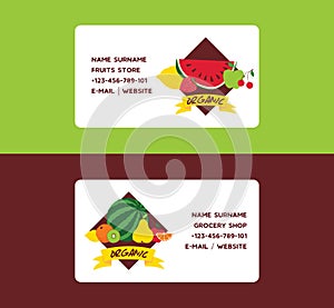 Fruit vector fruity business card background and fruitful exotic wallpaper with fresh slices of watermelon orange apples