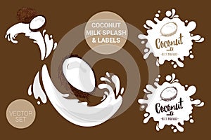Fruit vector package set of cartoon coconuts on milk splashes. Organic fruit labels tags