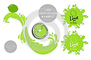 Fruit vector package set of cartoon green lime on juice splashes. Organic fruit labels tags