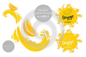 Fruit vector package set of cartoon orange cuts on juice splashes.