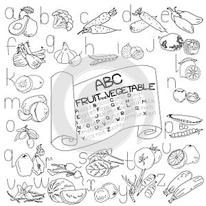 Fruit vegetable alphabet in coloring book format, contour drawings of vegetables and fruits and letter description of these