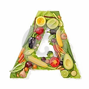 Fruit and vegetable alphabet on a white background, Letter A