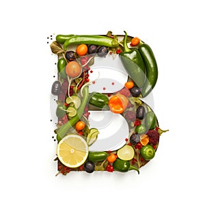 Fruit and vegetable alphabet on a white background, Letter B