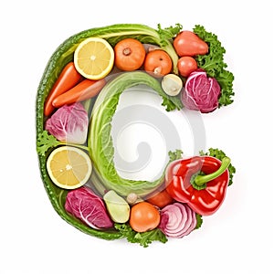 Fruit and vegetable alphabet on a white background, Letter C
