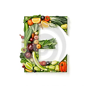 Fruit and vegetable alphabet on a white background, Letter E