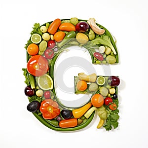 Fruit and vegetable alphabet on a white background, Letter G