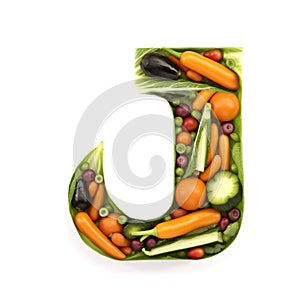 Fruit and vegetable alphabet on a white background, Letter J