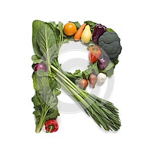 Fruit and vegetable alphabet on a white background, Letter R