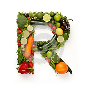 Fruit and vegetable alphabet on a white background, Letter R