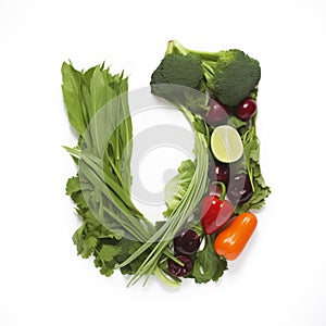 Fruit and vegetable alphabet on a white background, Letter U