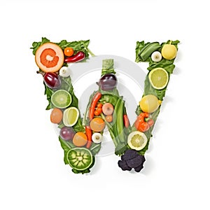 Fruit and vegetable alphabet on a white background, Letter W