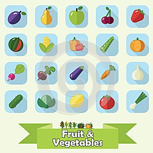 Fruit and vegetable flat icon set