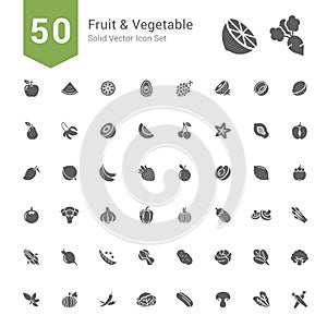 Fruit and Vegetable Icon Set. 50 Solid Vector Icons.