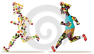 Fruit and vegetable icon in sportsman human shape are running an