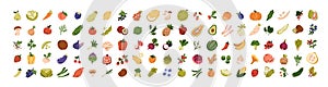 Fruit, vegetable icons set. Fresh healthy vegetarian food bundle. Berries, mushrooms, cabbage, broccoli, organic vegan