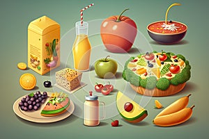 Fruit and vegetable icons set with fresh juice and smoothie isolated