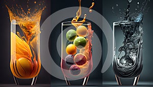 Fruit and vegetable juices in glasses with splashes isolated on black background