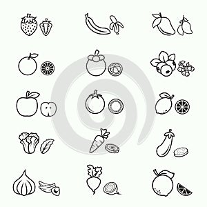 Fruit And Vegetable Line Icon Set - Vector