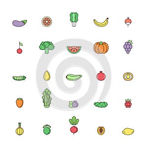 Fruit and vegetable multicolor outline icon set. Part two.