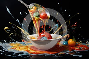 Fruit and vegetable oil splashing out of a spoon on a black background, Frisch gebackenes ganzes HÃÂ¤hnchen mit Honigsauce, AI photo