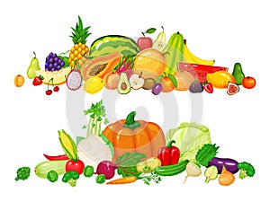 Fruit and vegetable piles. Apple, kiwi, cherry, apple, pepper, tomato, pumpkin, carrot, cabbage. Fresh organic fruits