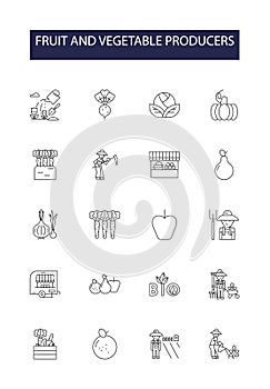 Fruit and vegetable producers line vector icons and signs. Fruit, Vegetable, Orchard, Farm, Grower, Gardener, Farmer