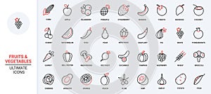 Fruit and vegetable red black thin line icons set, organic healthy farm food for healthy nutrition.