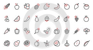 Fruit and vegetable red black thin line icons set, organic healthy farm food for healthy nutrition.