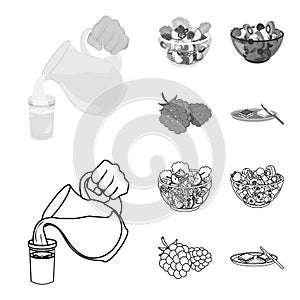 Fruit, vegetable salad and other types of food. Food set collection icons in outline,monochrome style vector symbol